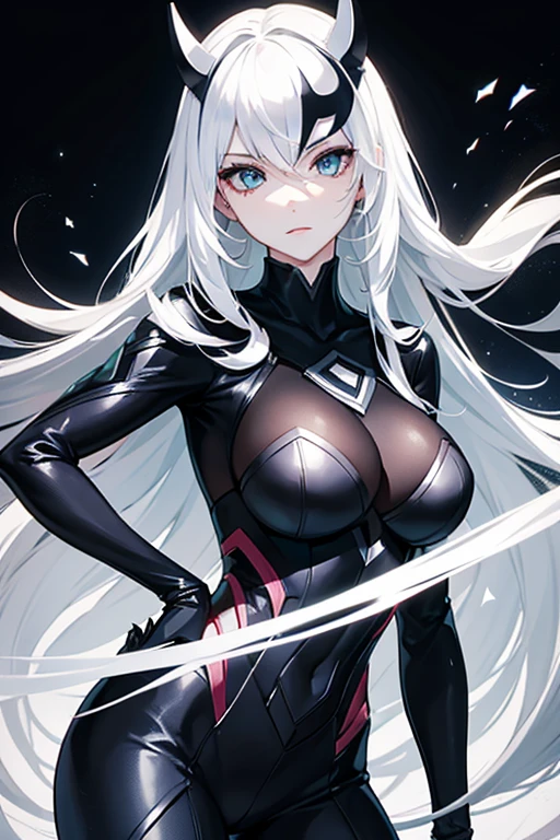 Superheroine drawing (women) stylized black suit, mask on the face, White hair, white skin and light eyes