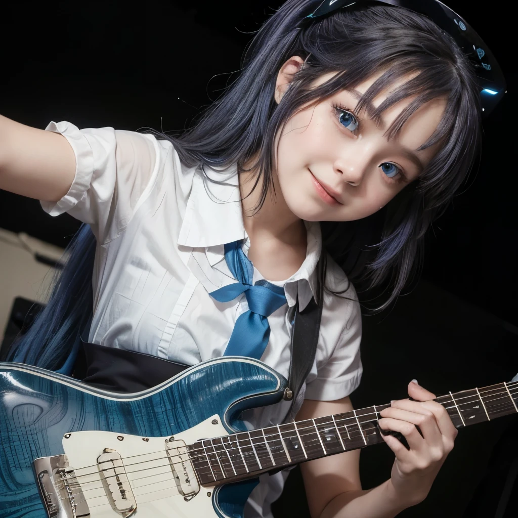 ((masterpiece)), ((best quality)), (ultra-detailed), Live performance venue, a cute girl, 1girl, solo, playing the guitar00, maid00, ((beautiful eyes))0, smile, beautiful blue hair