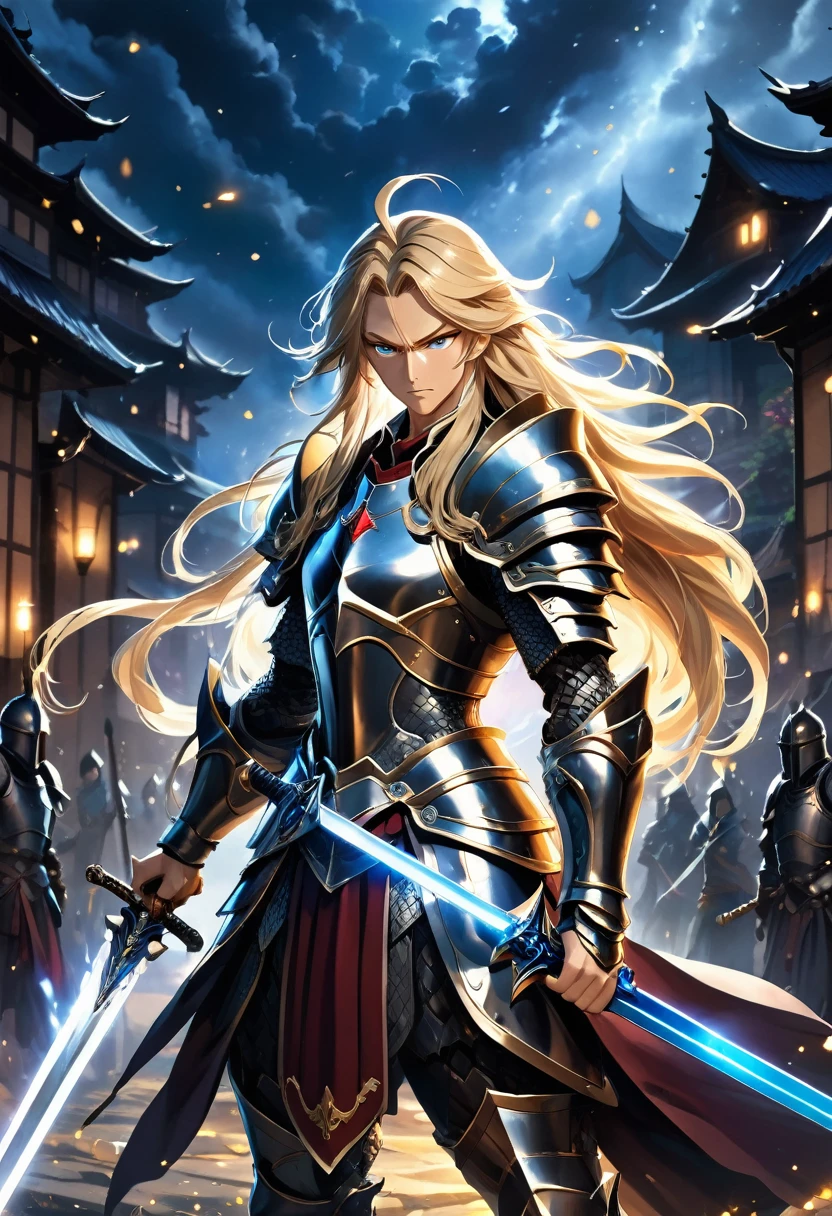 Design a (((fantasy anime art style))) for a captivating and entrancing scene featuring a ((warrior)) with flowing (((long hair))), adorned in a suit of (((styled armor))) that complements his features, holding two (((magic swords))), positioned in a (frontal stance) with a (shield pointing onward), set against a (cinematic dark, nighttime backdrop) with a (distant village in the darkness) as the backdrop, emitting a (dynamic, impactful light) that brings the scene to life in a (realistic, high-quality) manner