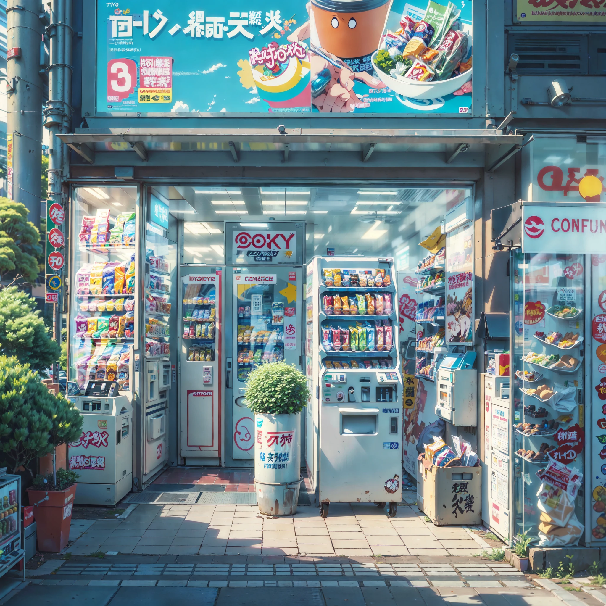 ((modern tokyo convenience store with a big vending machine outside: 1.3)) , ((camera facing the front of the store:1.2)), ((camera not close up:1.1)), detailed anime artwork, urban, tokyo anime scene, ((bright blue sky: 1.0)), extra detailed, very detailed, japanese shop banners, plant pots, trash cans, anime style, anime, lofi, lofi vibe, ((best quality:1.5)), ((masterpiece:1.5)), ((highly detailed:1.3)), ((anime aesthetic:1.2)), ((no one: 1.2)), ((no people: 1.2))

