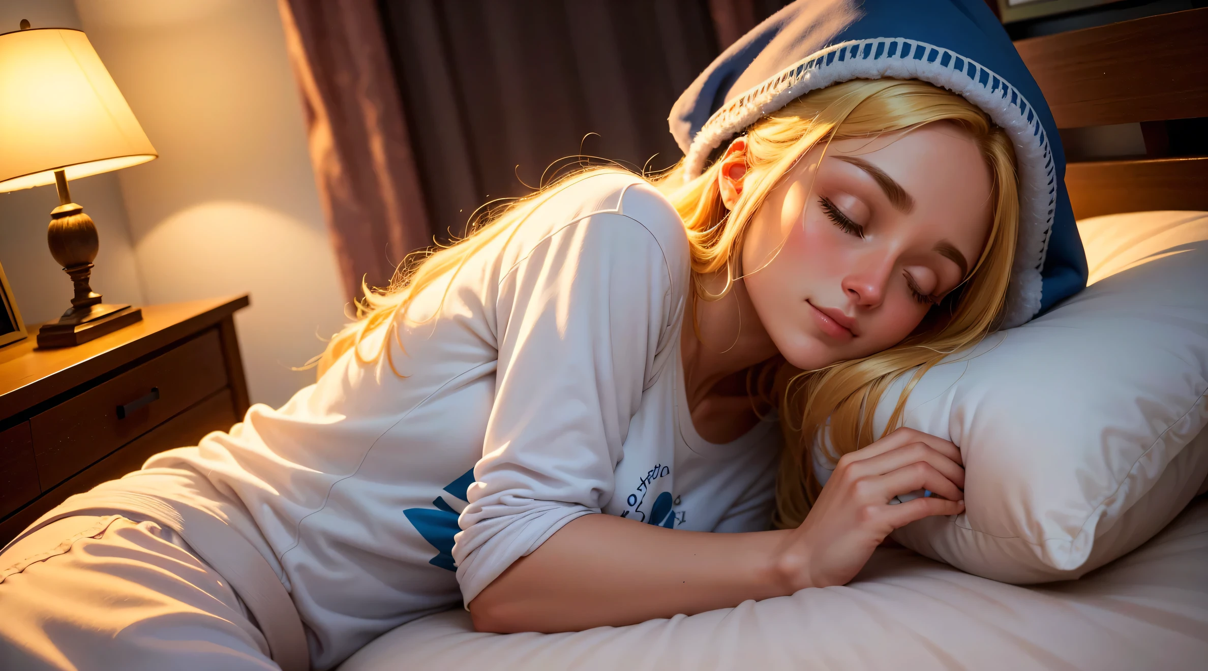 Imagine um suave, comforting illustration of a cute blonde girl in pajamas was sleeping in a comfortable bed, Olhos fechados, camiseta azul. Long flowing hair. Quarto escuro, except for the soft light emanating from a bedside lamp near the bed, That casts a warm glow on your peaceful face. Pela janela entreaberta, A noite estrelada se estende, lua cheia, creating a magical contrast between the peaceful interior and the mysterious outside world. As cortinas de luz movem-se ligeiramente com a brisa noturna, adicionando um toque de movimento a esta cena tranquila.