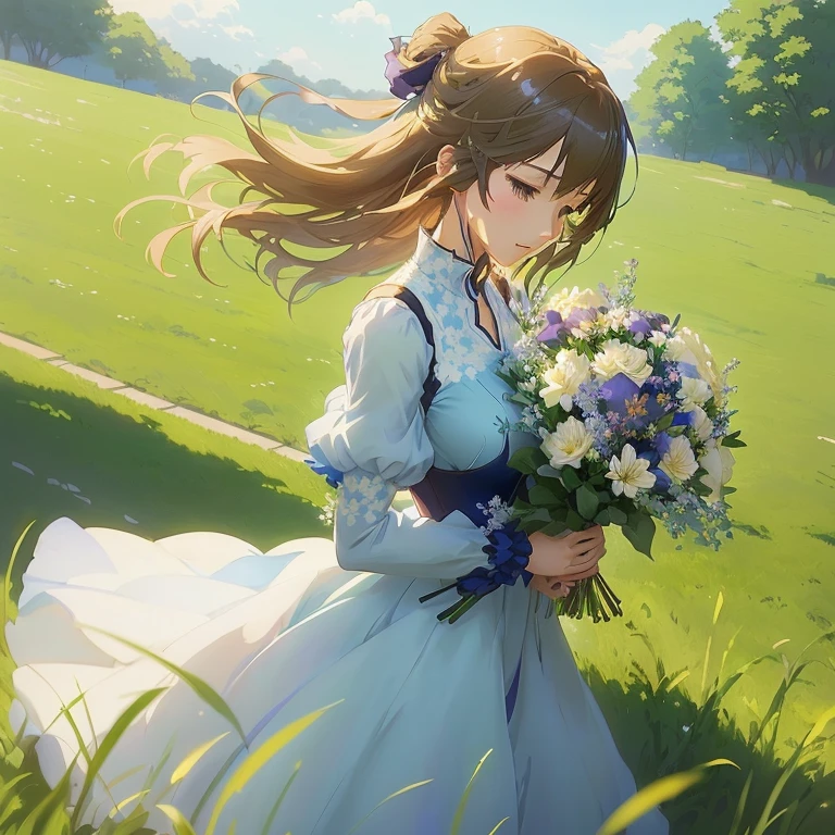 anime girl in a blue dress holding a bouquet of flowers, makoto shinkai. digital render, smooth anime cg art, makoto shinkai art style, with flowers, violet evergarden, guweiz and makoto shinkai, anime visual of a cute girl, guweiz on pixiv artstation, guweiz, in dress