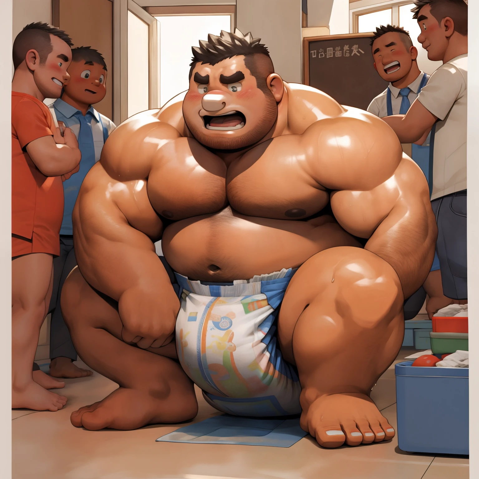 masterpiece, Top quality, in 32K, perfect anatomy, hyper detailed, super fine illustration, The thick man is a brutal retarded prisoner, hairy human, 50yo in Japan, (fatness: 1.0), Fatty muscle, Bowleg, disappointment, incontinent, shy, sissy, Weaker than children, Drool, Round face, be diaper check by children, waddle, There is a small puddle under him, incontinent, short legs, Bowleg, spread legs, wear a White cloth Diaper, Bare belly, Bare legs, Bare foots, Bare soles, Shirtless, wide forehead and short thinning hair, Man with round face with stubble, Bare foots, Bare soles, He enters nursery school and is despised by children, Entrance ceremony commemorative photo, He surrounded by children, His bottom is wet, Bare foots, big butt, he is scolded by the children, White Diaper, He surrounded by children, sobbing, wear a White cloth Diaper, shirtless, There is a small puddle under him, He enters nursery school and is despised by children, big butt, sobbing, He crawling to go to children, on all fours, side view