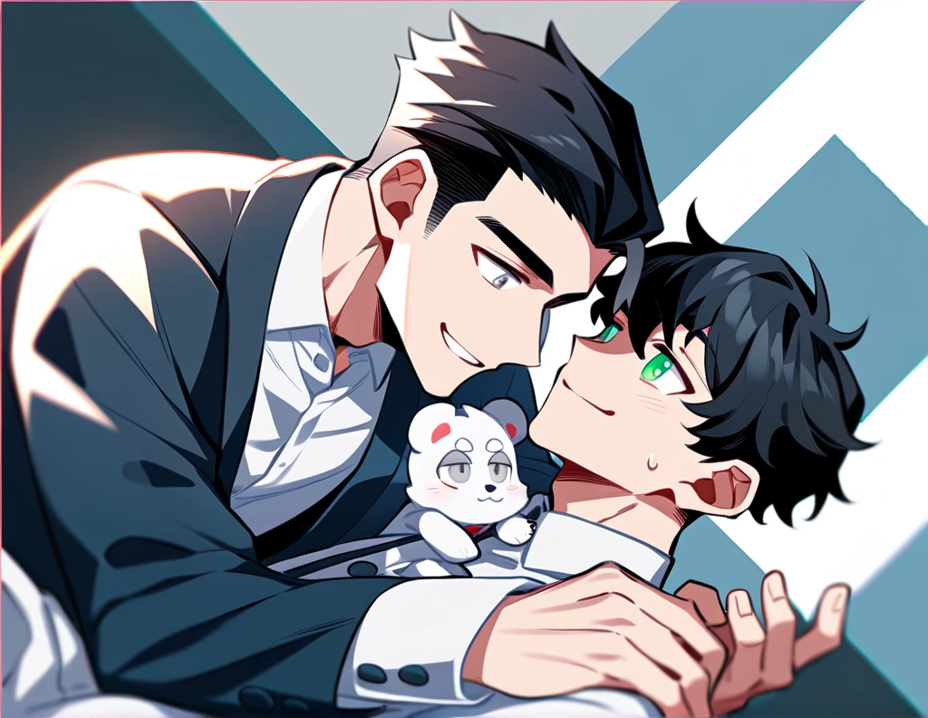 2 young men, focus man , Yaoi, pair, 1 daughter, 2 twin sons, portable princess, bear, look elsewhere, smile, short hair, black hair, green eyes, black hair, gray eyes , The best aesthetics , best quality, Amazing quality, The best aesthetics, nonsense,bright
