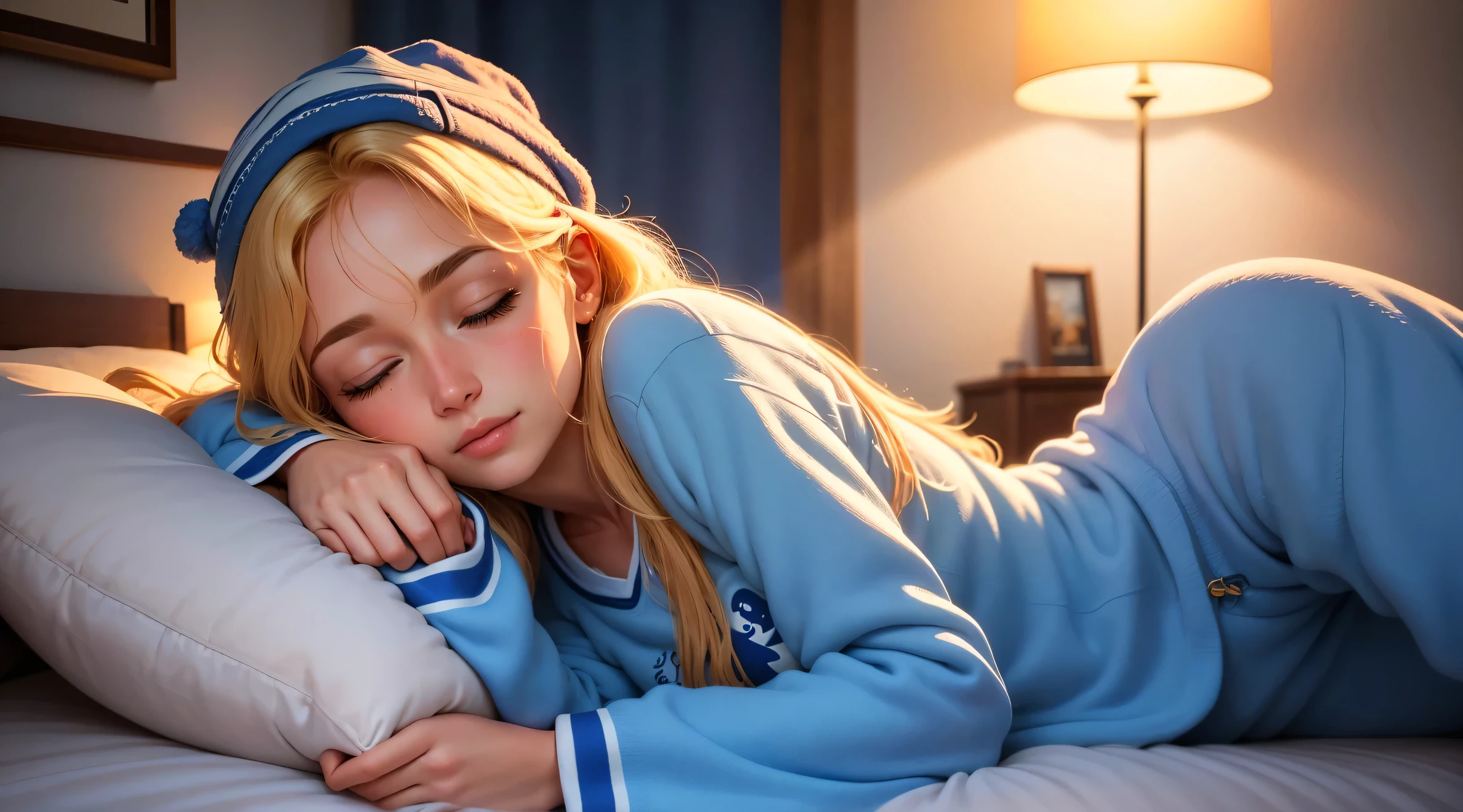 Imagine um suave, comforting illustration of a cute blonde girl in pajamas was sleeping in a comfortable bed, Olhos fechados, camiseta azul. Long flowing hair. Quarto escuro, except for the soft light emanating from a bedside lamp near the bed, That casts a warm glow on your peaceful face. Pela janela entreaberta, A noite estrelada se estende, lua cheia, creating a magical contrast between the peaceful interior and the mysterious outside world. As cortinas de luz movem-se ligeiramente com a brisa noturna, adicionando um toque de movimento a esta cena tranquila.

