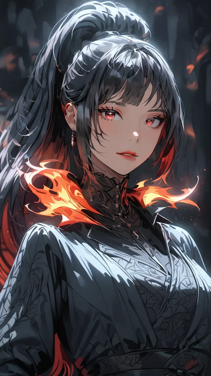 (masterpiece, top quality, best quality, official art, beautiful and aesthetic:1.2), (1girl:1.3), (fractal art:1.3), yoru, 1girl, long hair, black hair, red eyes(black ringed eyes), scar on face, ringed eyes, (pinafore dress, black belt, black ribbon), night city, luminous signs, upper-body, looks at the viewer