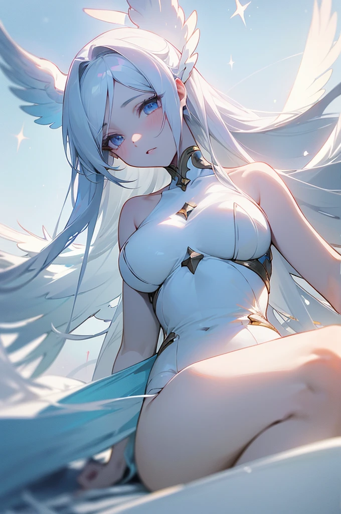 Aria is angel,seraphim with nine pairs of wings, exudes an ethereal beauty that is hard to ignore. Her snowy white wings span out behind her, casting an otherworldly glow over her entire form. Her pale skin with perfect body and like melon breasts,perfect body curves.She has eyes like stars and flowing long hair silver-white hair