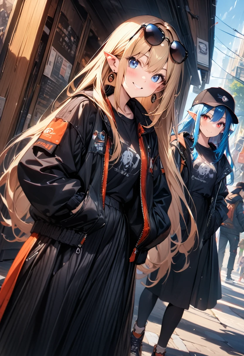 (masterpiece),(best quality),(ultra-detailed),(best illustration),(best shadow),(absurdres),(detailed background),(very aesthetic), 2girls baseball_cap black-framed_eyewear black_headwear black_jacket black_pants black_shirt black_skirt blonde_hair ((blue_eyes)) blue_hair blush character_name closed_mouth cowboy_shot dutch_angle earrings eyewear_on_head hands_in_pockets hat jacket jewelry long_hair long_skirt long_sleeves looking_at_viewer multiple_girls open_clothes open_jacket open_mouth pants pointy_ears print_shirt ((red_eyes)) shirt skirt smile standing straight_hair sunglasses