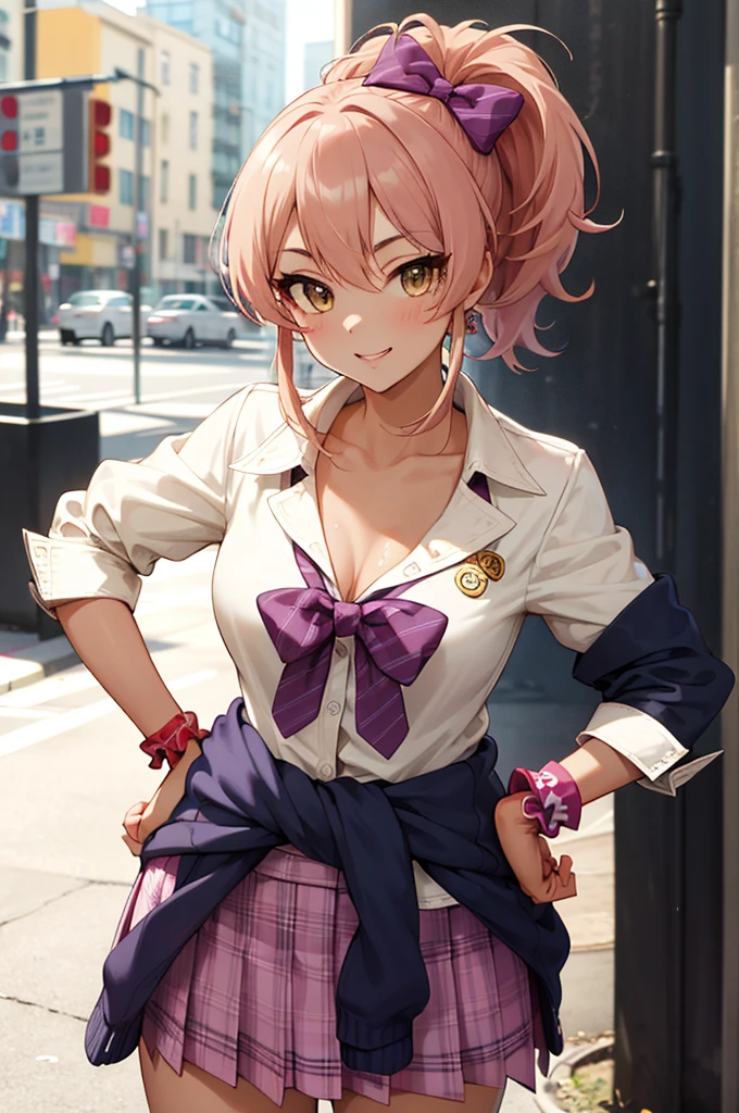 masterpiece, best quality, highres, aamika, ponytail, hair bow, collarbone, , striped, bowtie, collared shirt, white shirt, sleeves rolled up, wrist scrunchie,, clothes around waist, plaid skirt, purple skirt, standing, cowboy shot, outdoors, hands on hips, smile,tanned body,,(((Gyaru)))