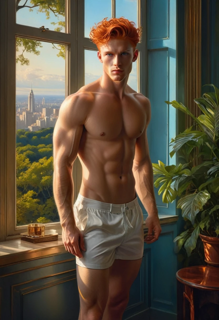 Generate image with a theme of beauty and masculine strength in an conection with power love for richness that includes elements such as elegant fuiniture, fancy deco in  pastel colors that inspire power, luxury, rich, 

Intense Look at a fancy room:
The man shirtless, barefoot, confident gaze, looking directly at the camera among the trees. The light filtered through the window enhances its expression.
Elements:  art deco fuiniture and room, large window to see the night city

 by Aaron Horkey and Jeremy Mann, masterpiece, best quality, Photorealistic, ultra-high resolution, photographic light, illustration by MSchiffer, fairytale, Hyper detailed

A mixture of photography and painting, simetryc Composition,  Perfect Divine Proportione, 8k resolution

fullbody image,(( view from above))

((full body)) , oil painting 

intense dark hard  colors palette

A young man, white skin, ginger, barbed, hairy body,  thin face, straight nose, thin lips, square chin, large light blue eyes, short red wavy hair, in roberto ferri style, aesthetic slim athletic body, ginger realistic skin, gorgeous, detailed tonned muscles, barefoot,  perfect anatomy, muscled fitness body,   

Young man, perfect anatomy, , energetic splendid, Barefoot, , small flacid penisim and detailed muscles, shirtless, pantless, fullbody, wearing sandals, the composition of shadows and lights give an atmosphere of spaciousness, 
