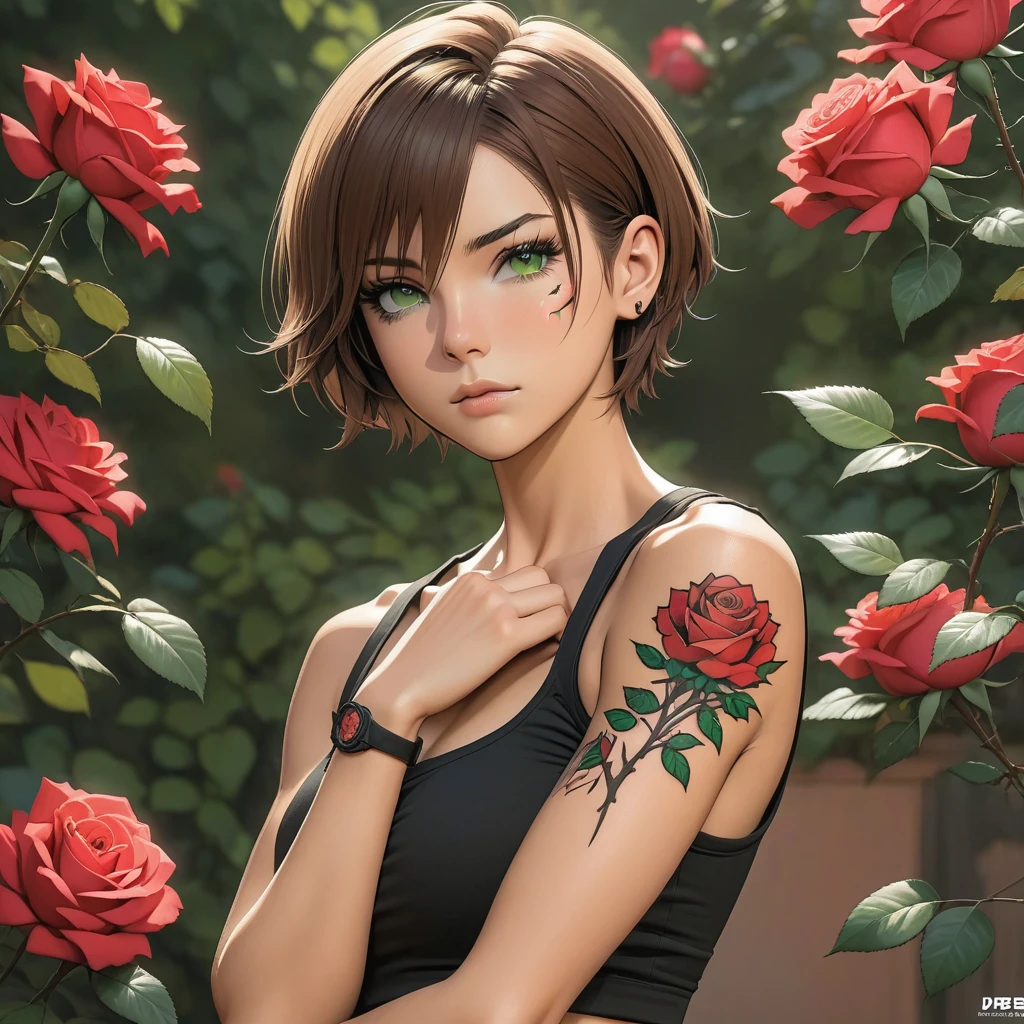 Girl solo, short brown hair, green eyes, toned, yet slim physique, tomboyish clothing, scar on left cheek, tattoo of a rose on left wrist, upper body figure