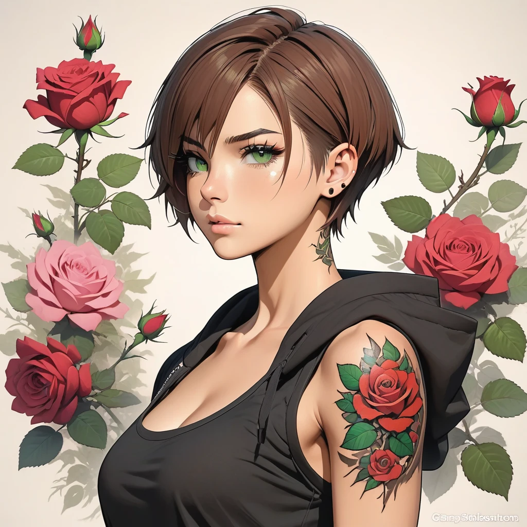 Girl solo, short brown hair, green eyes, toned, yet slim physique, tomboyish clothing, scar on left cheek, tattoo of a rose on left wrist, upper body figure