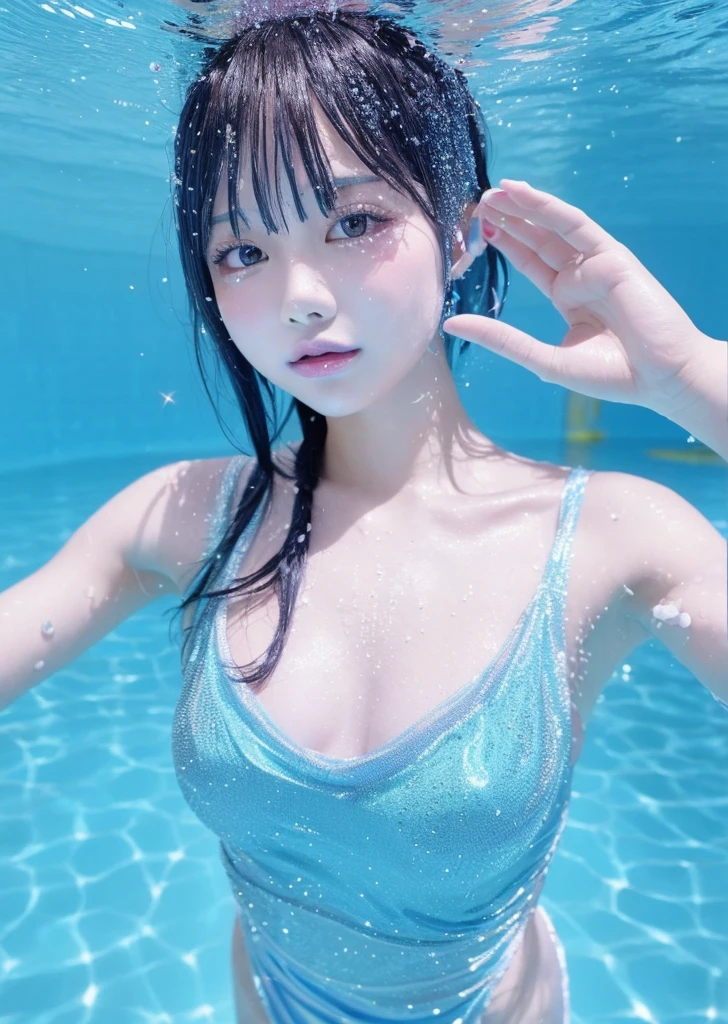 Diffuse lighting、 Highest quality, High resolution, unity 8k wallpaper、Supersaturation, Japanese、1 female、２３age、Synchronized swimming athletes、World Congress、Serious expression、Colorful costumes、Upper body in water、Pool、Sparkly costume、artistic swimming、
