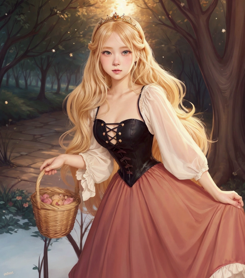 A close-up of a cartoon girl in a dress holding a basket, in bowater art style, blonde hair princess, disney art style, fairy tale illustration style, Beautiful anime art style, anime princess, disney style art, blonde anime girl with long hair, disney art style, Beautiful character painting, Disney concept art, lovely dark autumn princess