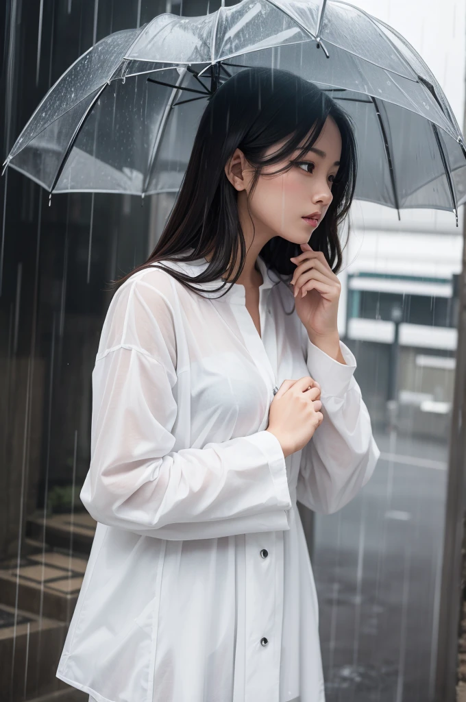 Create a woman in the rain in white clothes 
