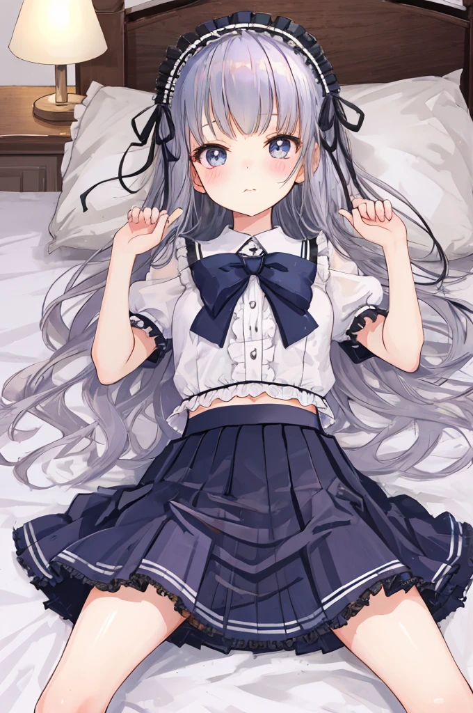 A girl with small ，Little Loli，Primary school students，cute，Kawaii，Very transparent，(Transparent Lolita Skirt:1.2)，bedroom，Lying in bed，spread legs,
