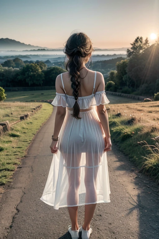 raw photo , 1 girl ,Wearing transparent white dress., White shoes ,Sri Lankan teen , from the rear view , with braid , professional photographer, (HdR:1.4), masterpiece, ultra-realistic 8k, perfect work of art, intricate details, beautiful face, award-winning photography, (Best Quality, 8k, 32K, masterpiece, HD:1.3) ,