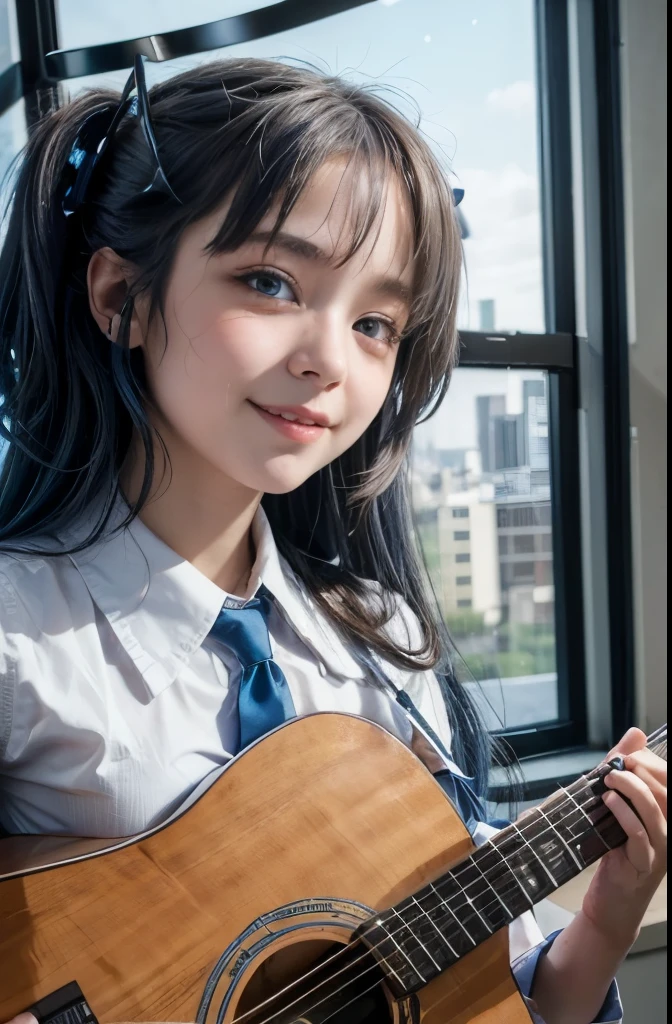 ((masterpiece)), ((best quality)), (ultra-detailed), Live performance venue, a cute girl, 1girl, solo, playing the guitar00, maid00, ((beautiful eyes))0, smile, beautiful blue hair