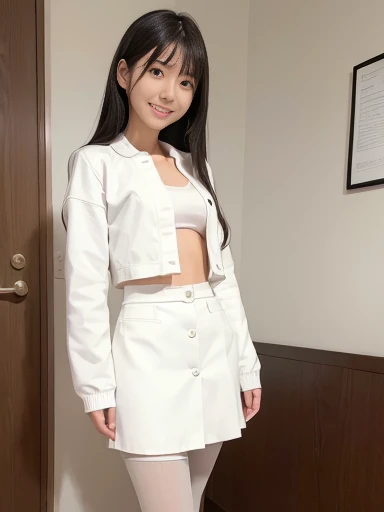 Japanese female, (underweight), (flat chest best quality:1.5), a lot of details, detailed black hair, beautiful detailed hair, super fucking beautiful, delicate beautiful face, complex details beautiful and delicate eyes, perfect hands, perfect and delicate limbs, detailed skin, best quality, ultra-detailed,(cheerful grin:1.5),
theater, (Office Lady), standing, legs closed, wavy hair, brawny, (white skirt, long sleeves, pantyhose, white jacket:1.1), Japanese, (full body shot:1.2), ground-level shot