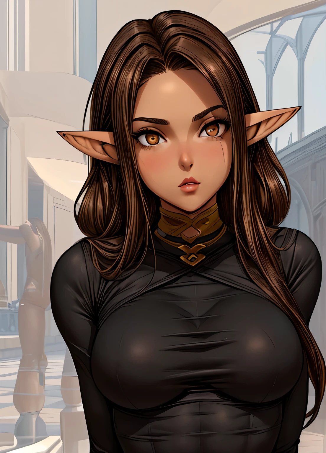 Extremely tall and curvy athletic European woman, Beautiful and beautiful (brown eyes and brown hair )with small breasts and wide hips in a black top and jeans that amplify her curves, elf ears