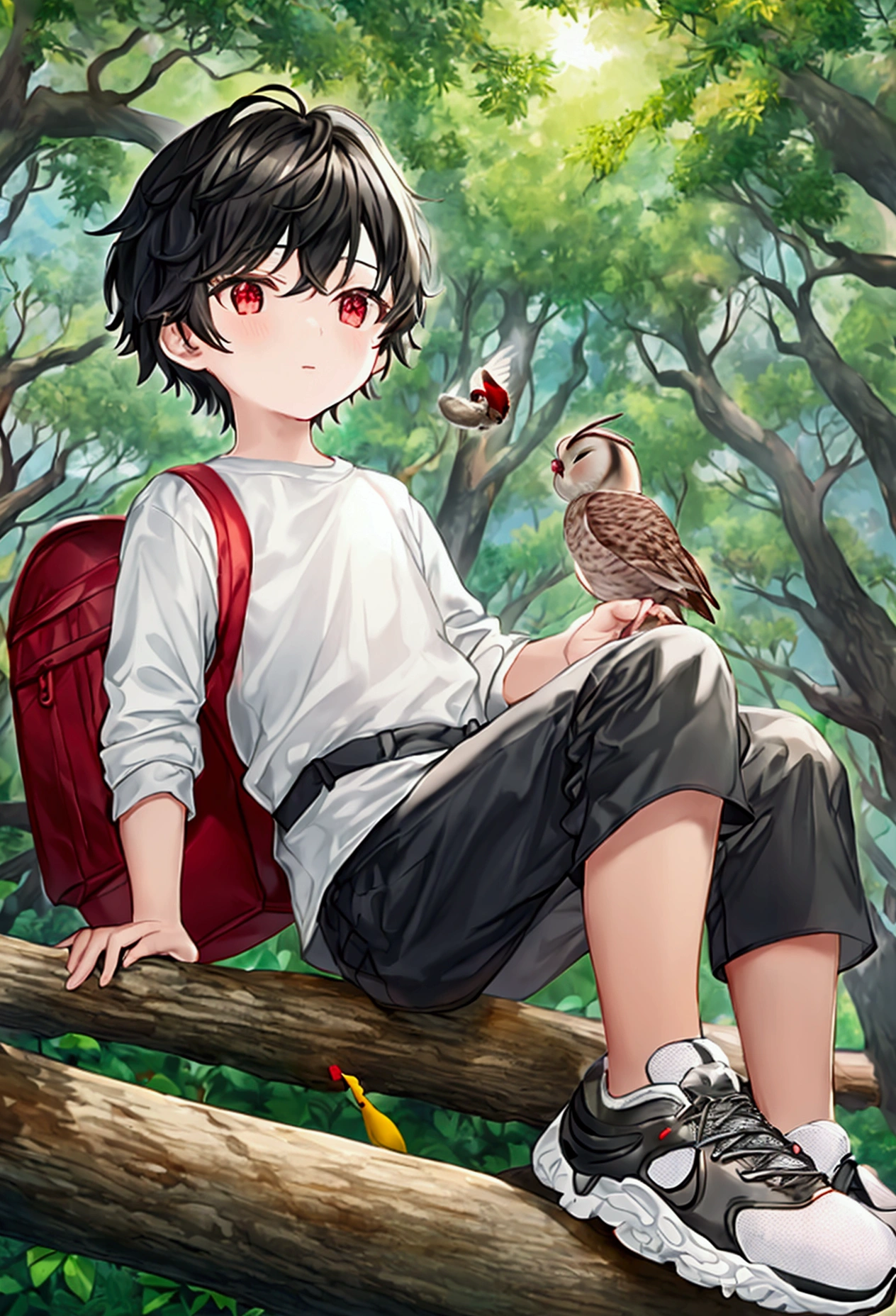 At the end of the day in an enchanted forest, a 5-year-old boy with black hair, wears a white shirt, gray pants, gray sneakers and a red backpack and his bird climbing a hill where at the end there is a tree and in that tree there is a wise owl.