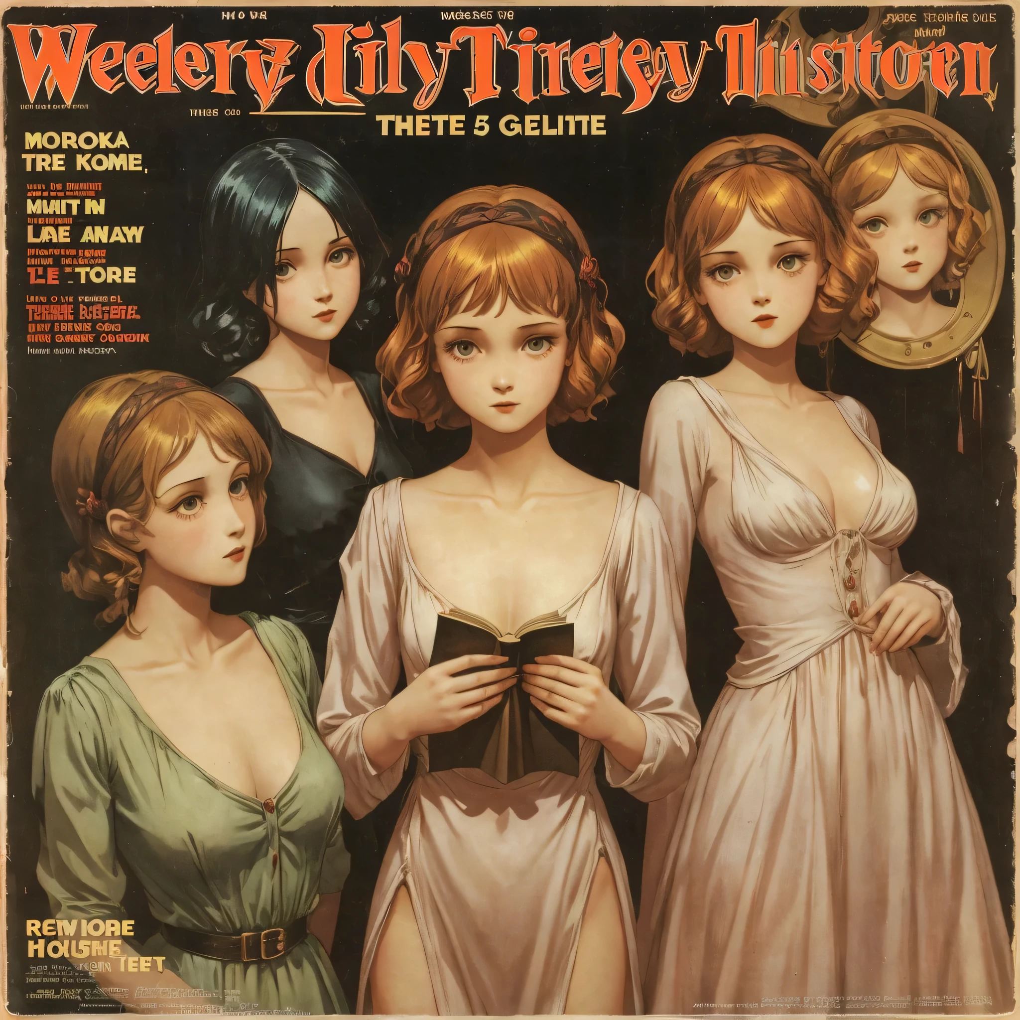 cover mistery magazine weird tale full lenght girl, cute face full lenght , 3 girl pose for cover horror magazine weird tale , magazine age 1933, high quality,Chest, full-body shot