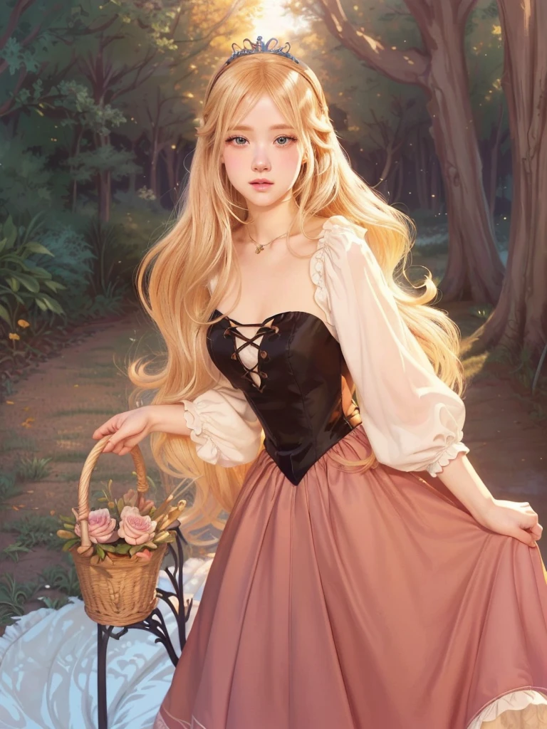 A close-up of a cartoon girl in a dress holding a basket, in bowater art style, blonde hair princess, disney art style, fairy tale illustration style, Beautiful anime art style, anime princess, disney style art, blonde anime girl with long hair, disney art style, Beautiful character painting, Disney concept art, lovely dark autumn princess