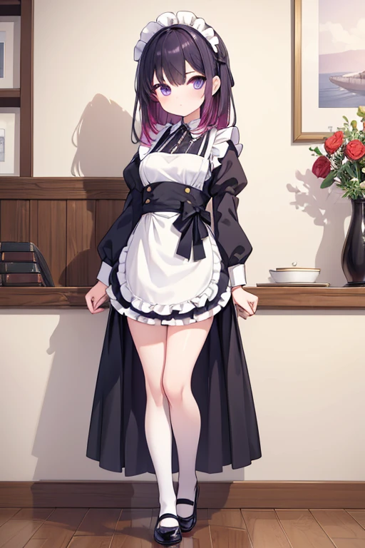 work of art,(best qualityer, illustration,face detailed:1.3),(1 girl,standing alone:1.3),beautiful detailed eyes, apron, Gradient_fund, Gradient, housekeeper, purples eyes,red body hair,breasts small,, break, enhousekeepered, offwhite_apron, blackw_don, hypdertailed, blackw_Shoes, frilled_apron, don, housekeeper_apron, alternate_body hair,very long body hair, to divide_hypdertailed, areola