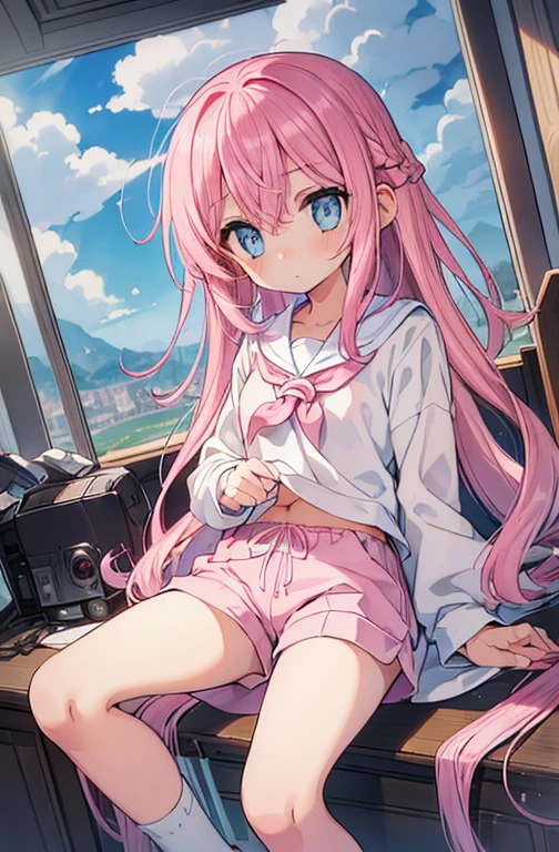 Beautiful illustrations, Highest quality, (12-year-old girl:1.4)、(pretty girl：1.5)、 girl、Flat Chest、Sailor collar、(White long tunic:1.4)、Long sleeve sailor suit、Blue-line cuffs、(Pink Chino Shorts：1.7)、(Pink shorts with wide openings：1.6)、Gap between thigh and shorts、Thin thighs、White socks、 Cinema Lighting, (Pink long hair)、Pink Straight Hair、Redness on the cheeks、(Braiding of the back of the head)