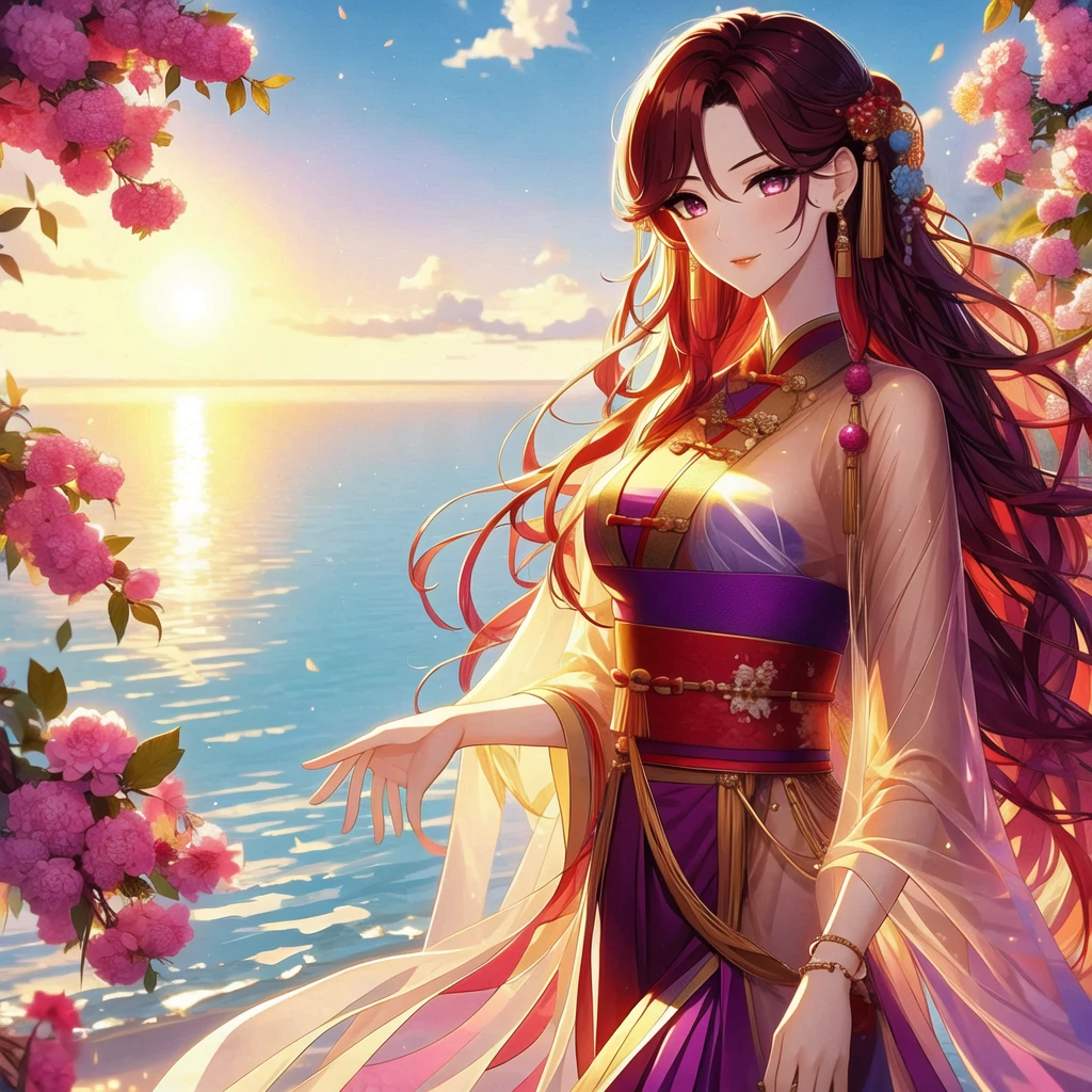 (masterpiece, best quality:1,2), 1 female, Xian mei, solo, 18 years old, Chinese clothes, ultra long purple skirt, purple eyes, long black curly hair, bangs, jewelry, perfect anatomy, dark purple hanfu,