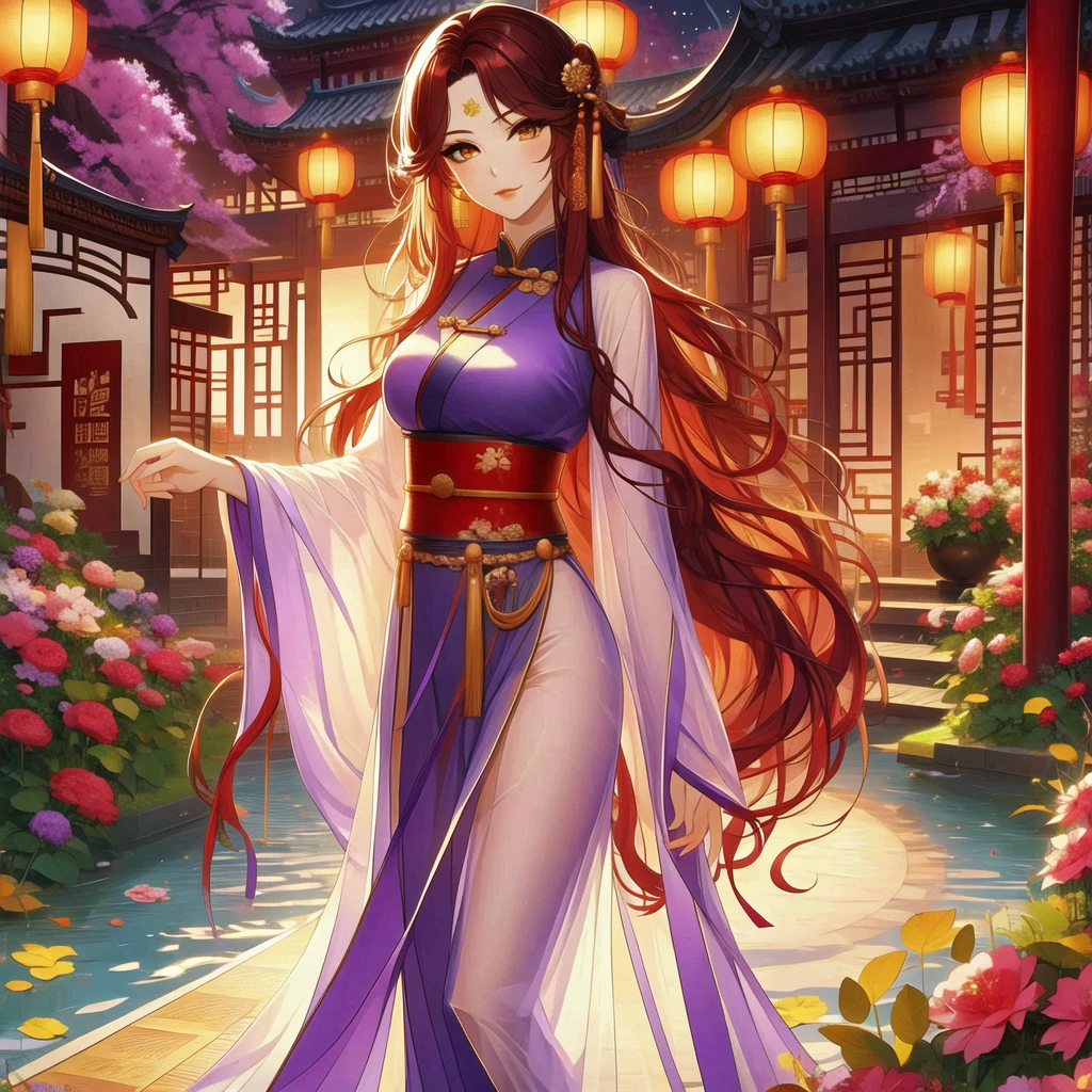 (masterpiece, best quality:1,2), 1 female, Xian mei, solo, 18 years old, Chinese clothes, ultra long purple skirt, purple eyes, long black curly hair, bangs, jewelry, perfect anatomy, dark purple hanfu,