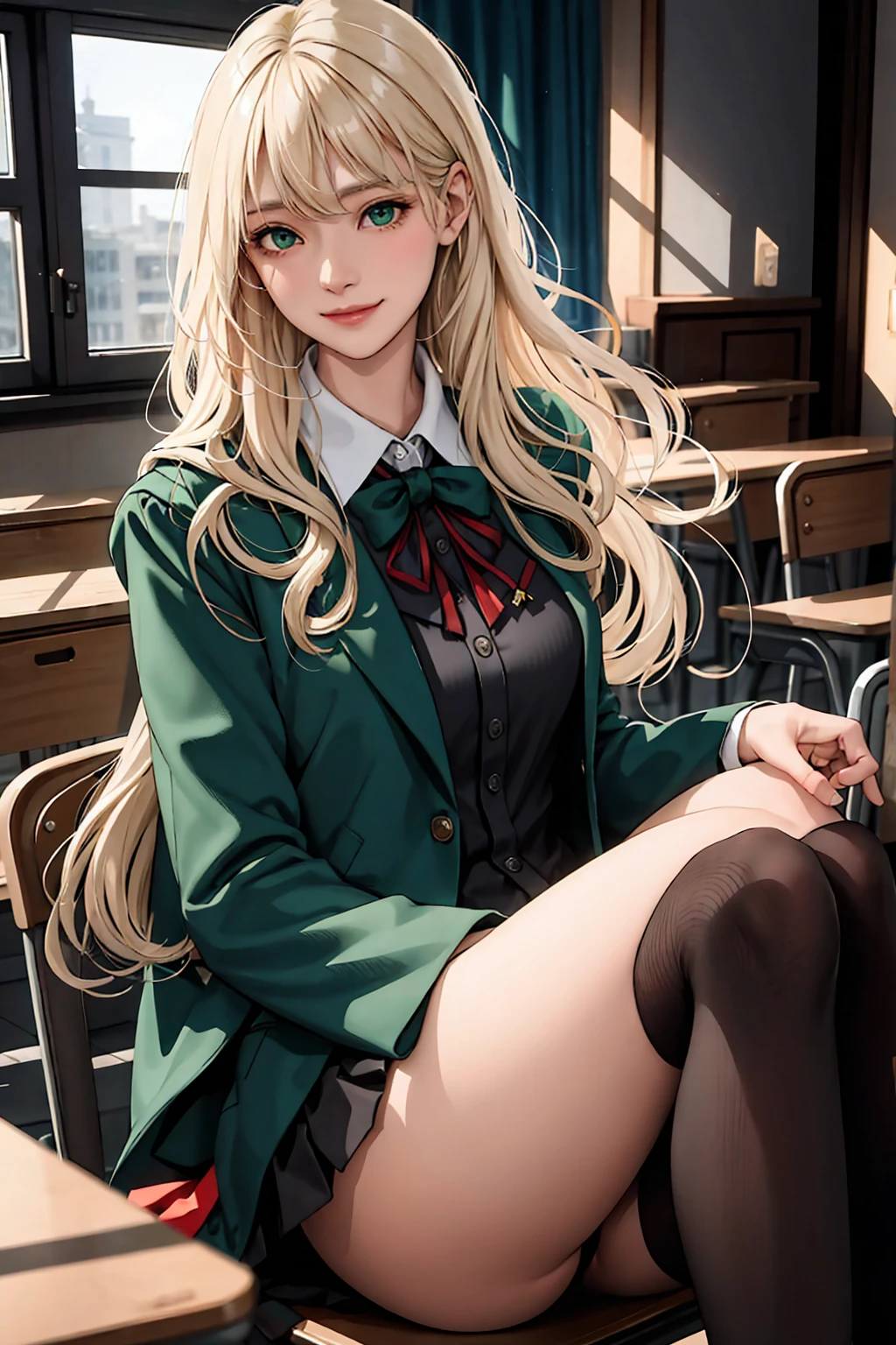 (masterpiece:1.2, Highest quality), (live-action, Intricate details), 1 Female, alone, Upper Body, Show off your legs, Sitting, School, School settings, Long Hair, Minimal makeup, Detailed face, smile, Very long platinum blonde hair, bangs, Hair between the eyes, Green Eyes, Large plump breasts, Big Breasts, Big Ass, software, Clothes, Slytherin, Slytherin Clothes, Hogwarts, Hogwarts clothing, (School classroom), (Face close-up)