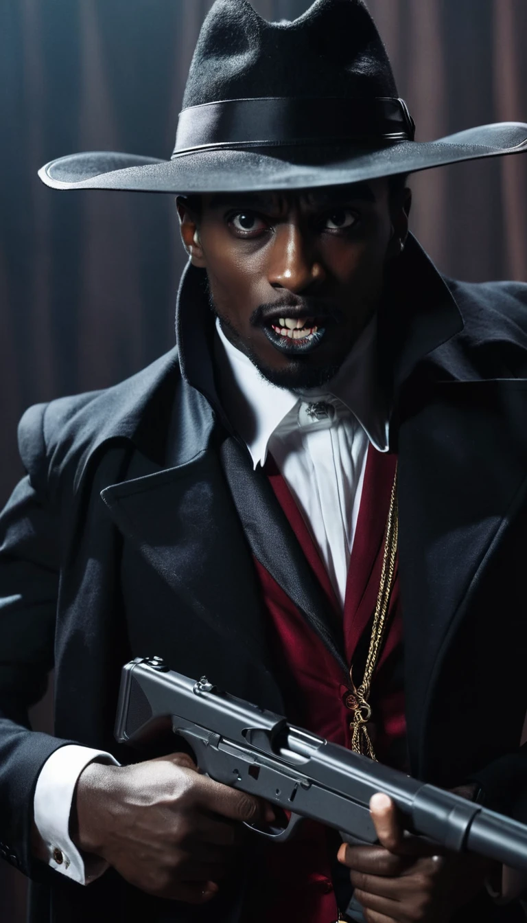 A skinny black man as dracula holding a gun, his face covered with hat, action pose, irregular cinematic shot.