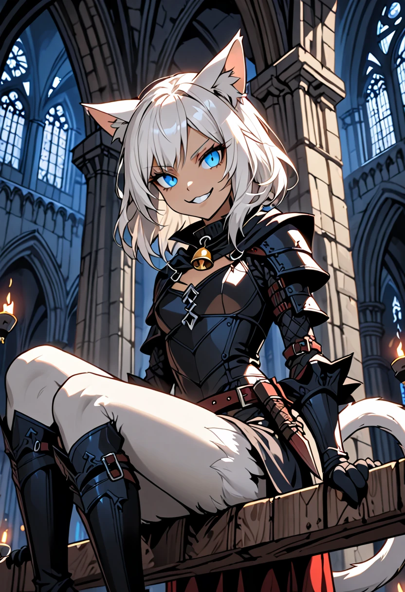 solo female, close up, short white hair, blue eyes, assassin, cat tail, cat ears, slit pupils, wide sinister smile, light armor:0.2, thief, night, sitting on the rafters, cathedral, dagger, medieval, furred forearms, light skin, small breasts, cat legs, cat hands, dark, cat collar, bell collar, contempt expression