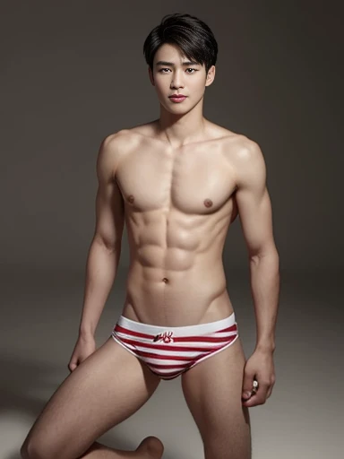 Japanese male model in white bikini with red pattern, full body shot, Quiv haircut, Look at the camera, Detailed parts of the face, Manly, charming, Active Boy, Standing in front of a gray background, Freestyle moves, happy expression, perfect anatomy, Symmetrical body, Asia boy 19 years old, no clothes :: Highly detailed, Asia, a little six packs charming body, realistic, human skin, short hairstyle, handsome chad chin, no clothes, handsome, charming, I&#39;m a man., sexually charming, human skin, (Make eye contact), handsome, charming