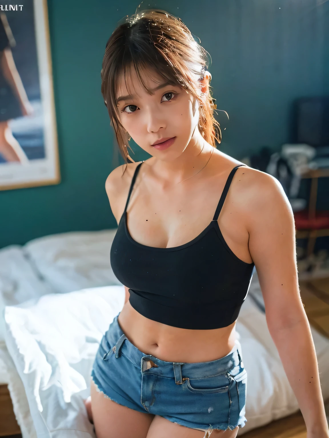 One girl, woman, masterpiece, Highest quality, Highest quality, Cinema Lighting, (Volumetric lighting), Very detailed CG unity 8k wallpaper, Concentrated, 8k wallpaper, Very detailed, Ultra-realistic, Realistic, Sharp focus, Absurd, (High resolution:1.2), (High Contrast), photograph, Detailed and complex, Instagram, Portraiture, Very detailed, Digital Painting, Art Station, Concept Art, Smooth, Sharp focus, figure, Cinema Lighting, (Big natural tits), Black short skirt, Judging the beholder, ((Medium Shoulder)), (skinny), (Slender body), (((Height: 166cm))), (high quality skins:1.4, Realistic human body structure), (Wearing a knit tank top, Shorts,Cleavage), ((Long Shot View:1.8))