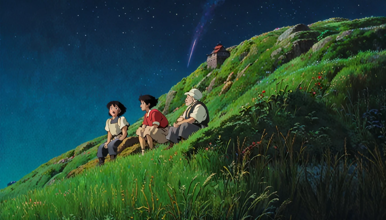 Animated scene of two people sitting on a hill watching shooting stars, Anime movie background, Ghibli anime movies, Miyazaki anime films, Miyazaki Movies, colorful Anime movie background, Studio Ghibli Anime, Studio Ghibli Animeーション, Ghibli Movies, in the Studio Ghibli Anime film, Miyazaki Movies, スタジオGhibli Movies, studio Ghibli Movies, Ghibli art style