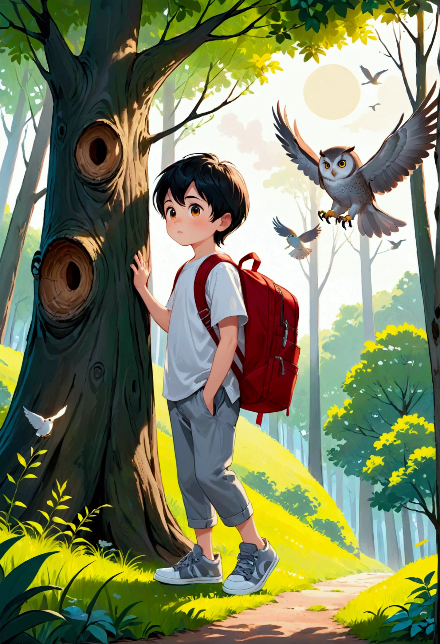 At the end of the day in an enchanted forest, a 5-year-old boy with black hair, wears a white shirt, gray pants, gray sneakers and a red backpack and his bird climbing a hill where at the end there is a tree and in that tree there is a wise owl.