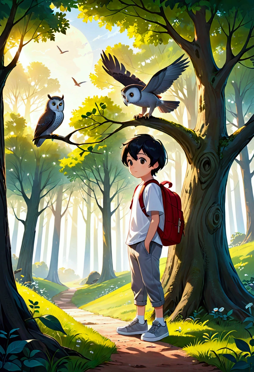 At the end of the day in an enchanted forest, a 5-year-old boy with black hair, wears a white shirt, gray pants, gray sneakers and a red backpack and his bird climbing a hill where at the end there is a tree and in that tree there is a wise owl.