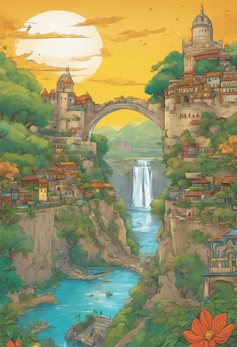 A river above the city. The crystal clear waters of this river descend in a dazzling crystal blue waterfall, forming the water sky, revealing the entrance to the secret city of the Amazons, with ancient castles and majestic ruins, Castles are made of local stone, intertwined with ancient tree roots that offer both support and beauty. Lush gardens bloom around every corner, full of medicinal plants and rare flowers. Suspended walkways connect different parts of the city, At the top of the main castle, Many animals monitor the city and surrounding areas. owls, eagles and jaguars patrol the heavens and earth.
