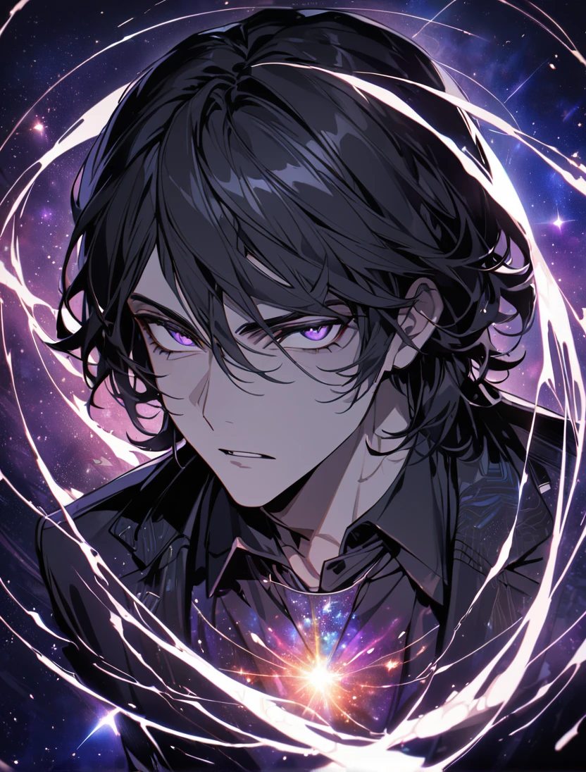 (black_hair), (long_male_hair), (deep_purple_eyes), (high_detailed_eyes), (attractive), (Deep_space_background), (male), (wears_black_suit), (long_male_hair), (detailed_Hair), (detailed), (detailed_mouth), (vertical_slit_pupils), (Mysterious), (German)