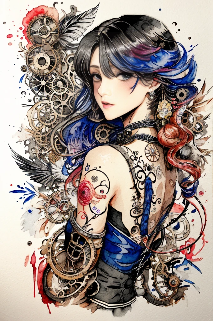 beautiful girl、((Abstract Steampunk Woman)),  Great feathers, Red and Black、 crazy watercolor painting on white canvas, A stunning anime girl with an intricate floral tattoo on her neck, exuding elegance and beauty.,in the style of neon realism, dark pink and light black, gothic art nouveau, anime-inspired character designs, dark white and indigo, bold yet graceful, cyberpunk manga, detailed costumes