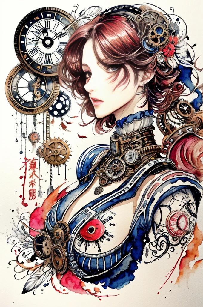 beautiful girl、((Abstract Steampunk Woman)), Great feathers, Red and Black、 crazy watercolor painting on white canvas, A stunning anime girl with an intricate floral tattoo on her neck, exuding elegance and beauty.,in the style of neon realism, dark pink and light black, gothic art nouveau, anime-inspired character designs, dark white and indigo, bold yet graceful, cyberpunk manga, detailed costumes