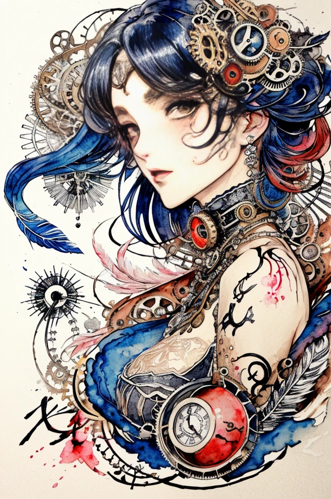 beautiful girl、((Abstract Steampunk Woman)), Great feathers, Red and Black、 crazy watercolor painting on white canvas, A stunning anime girl with an intricate floral tattoo on her neck, exuding elegance and beauty.,in the style of neon realism, dark pink and light black, gothic art nouveau, anime-inspired character designs, dark white and indigo, bold yet graceful, cyberpunk manga, detailed costumes