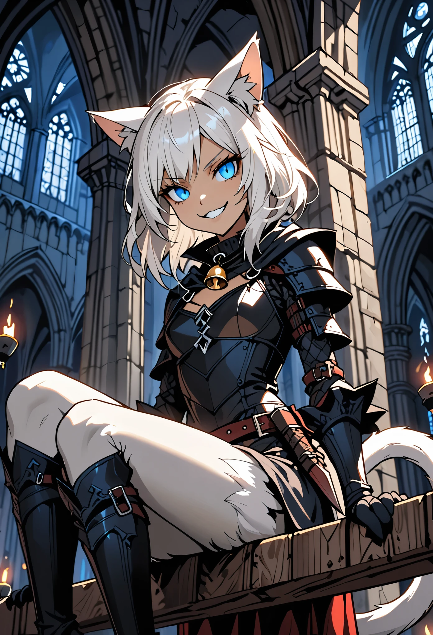 solo female, close up, short white hair, blue eyes, assassin, cat tail, cat ears, slit pupils, wide sinister smile, light armor:0.2, thief, night, sitting on the rafters, cathedral, dagger, medieval, furred forearms, light skin, small breasts, cat legs, cat hands, dark, cat collar, bell collar, contempt expression