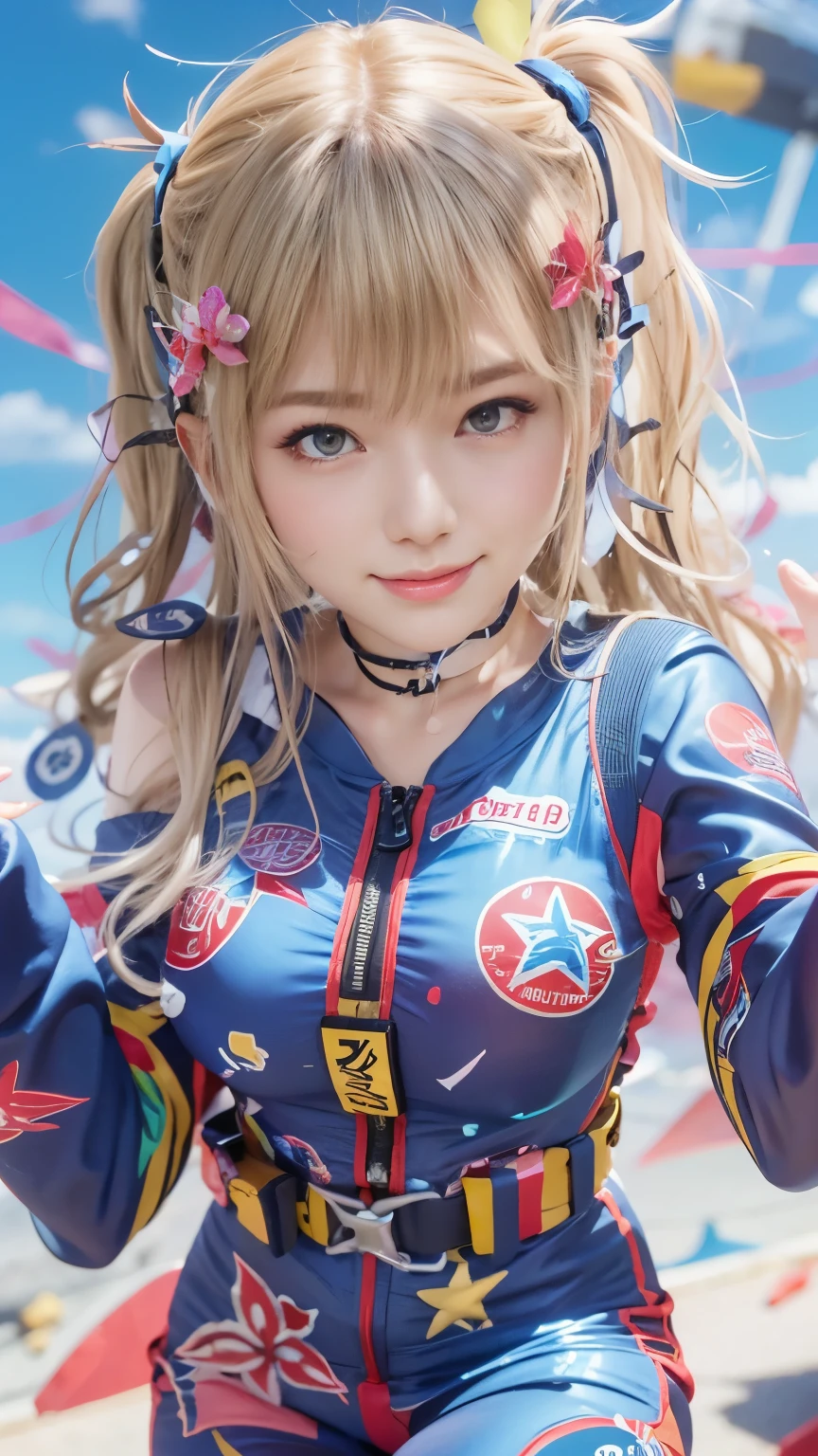 Tears of joy, (Fancy jumpsuit, sky diving), (blue sky, Aerial swimming, Jumping out of the plane:1.5), Background is the moon sky, doaxvv_Marie Rose, 1girl, big bouncing busts. black choker, uhd, retina, masterpiece, ccurate, anatomically correct, textured skin, super detail, high details, high quality, best quality, highres, 4K