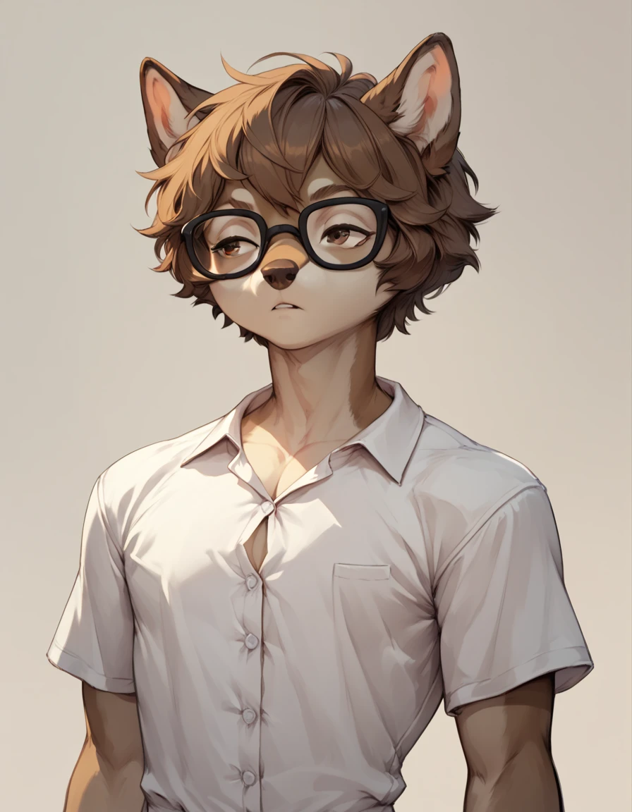 score_9,score_8_up,score_7_up, 2d art, an Anthro furry male wolf, young adult male, skinny, feminine, brown eyes, short brown hair, black glasses, wearing white button up shirt, upper body shot, mouth closed,