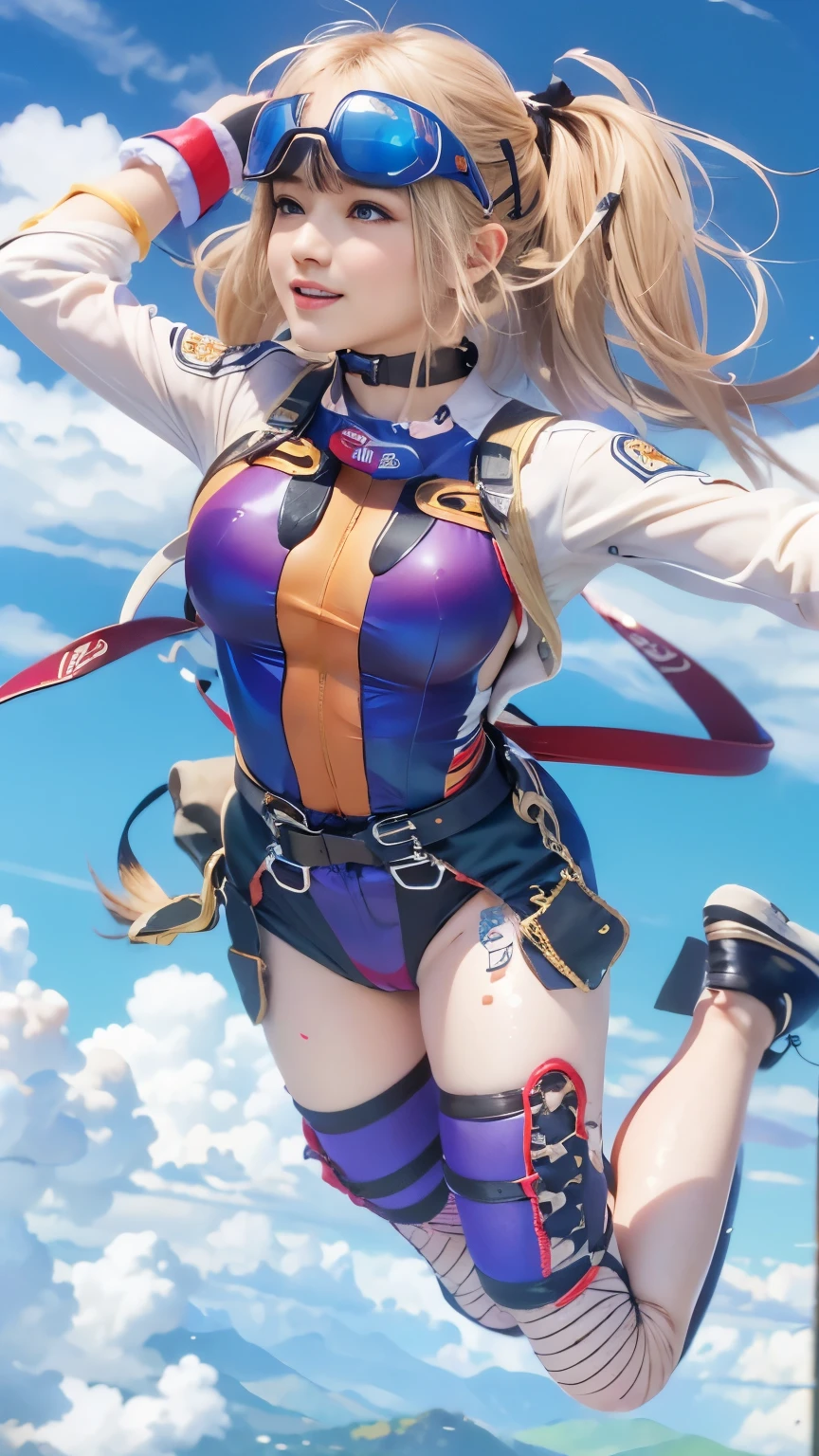 Tears of joy, (Fancy jumpsuit, sky diving), (blue sky, Aerial swimming, Jumping out of the plane:1.5), Background is the moon sky, doaxvv_Marie Rose, 1girl, big bouncing busts. black choker, uhd, retina, masterpiece, ccurate, anatomically correct, textured skin, super detail, high details, high quality, best quality, highres, 4K