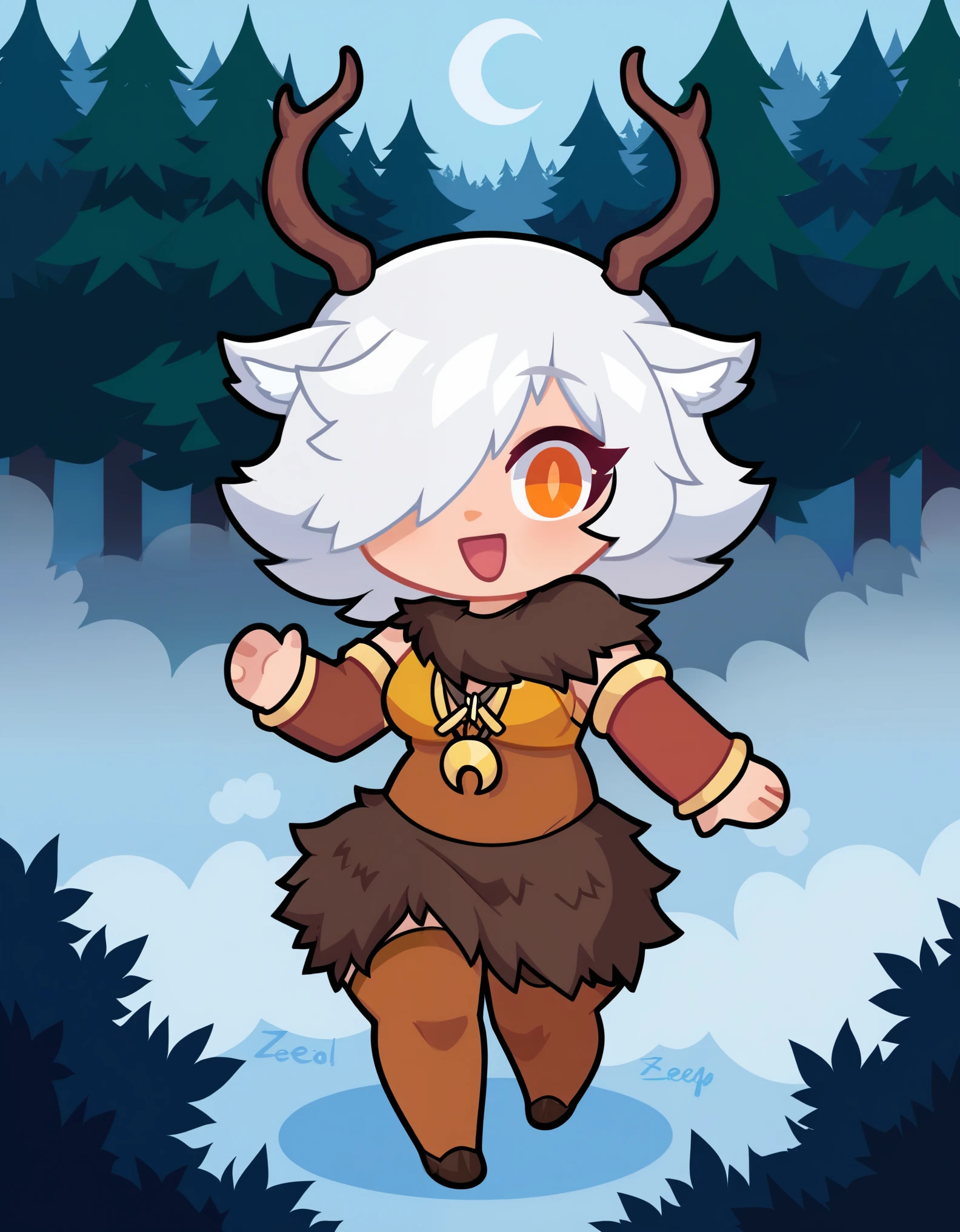 1girl,solo,deer girl,antlers,white hair,animal ears,tail,hair over one eye,orange eyes,slit pupils,crescent moon necklace,fur capelet,brown shirt,yellow bikini top,fur skirt,brown legwear,detached sleeves,
forest,outdoors,bare tree,fog,Seggs,chibi,open mouth,smile,english text,, score_9, score_8_up, score_7_up, perfect anatomy, source_anime, zPDXL2,