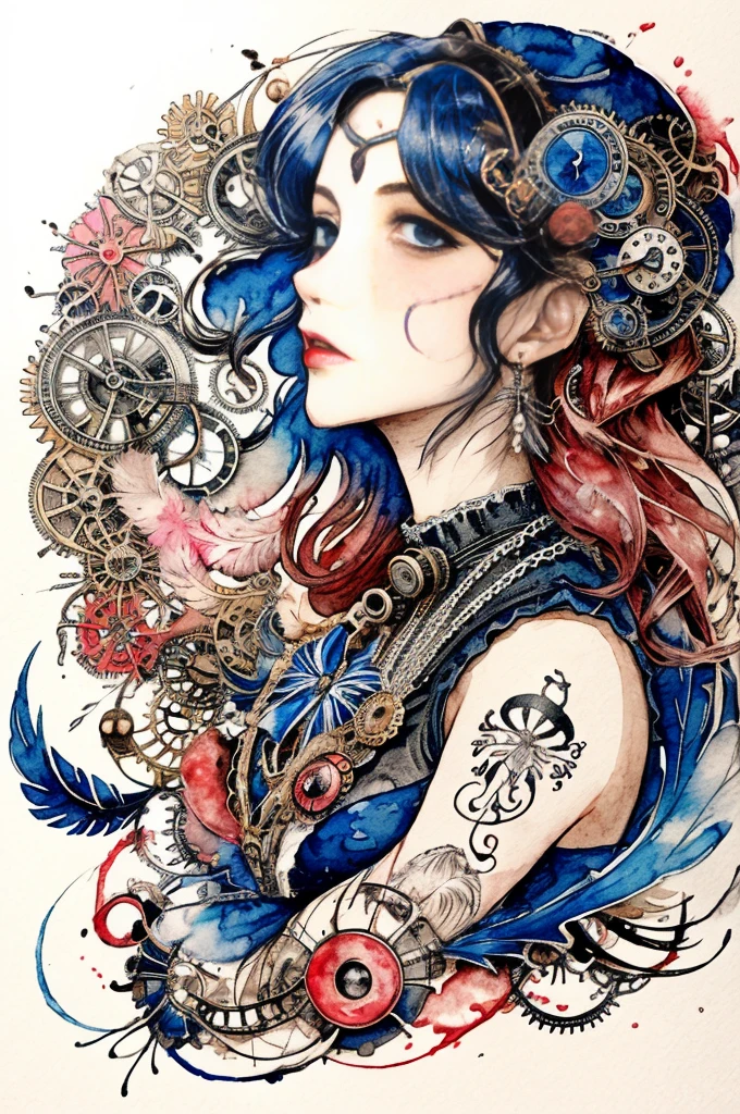 beautiful girl、((Abstract Steampunk Woman)), Great feathers, Red and Black、 crazy watercolor painting on white canvas, A stunning anime girl with an intricate floral tattoo on her neck, exuding elegance and beauty.,in the style of neon realism, dark pink and light black, gothic art nouveau, anime-inspired character designs, dark white and indigo, bold yet graceful, cyberpunk manga, detailed costumes